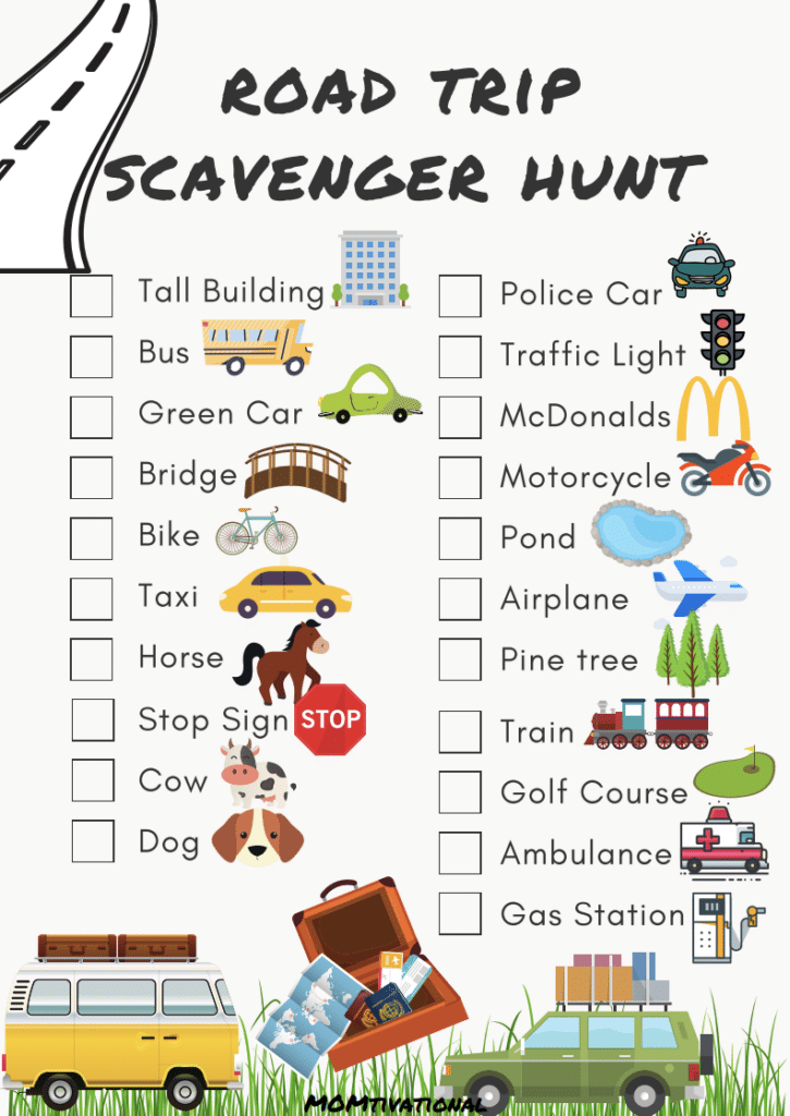 Road Trip Scavenger Hunt to keep your toddler and small children entertained on long car rides!