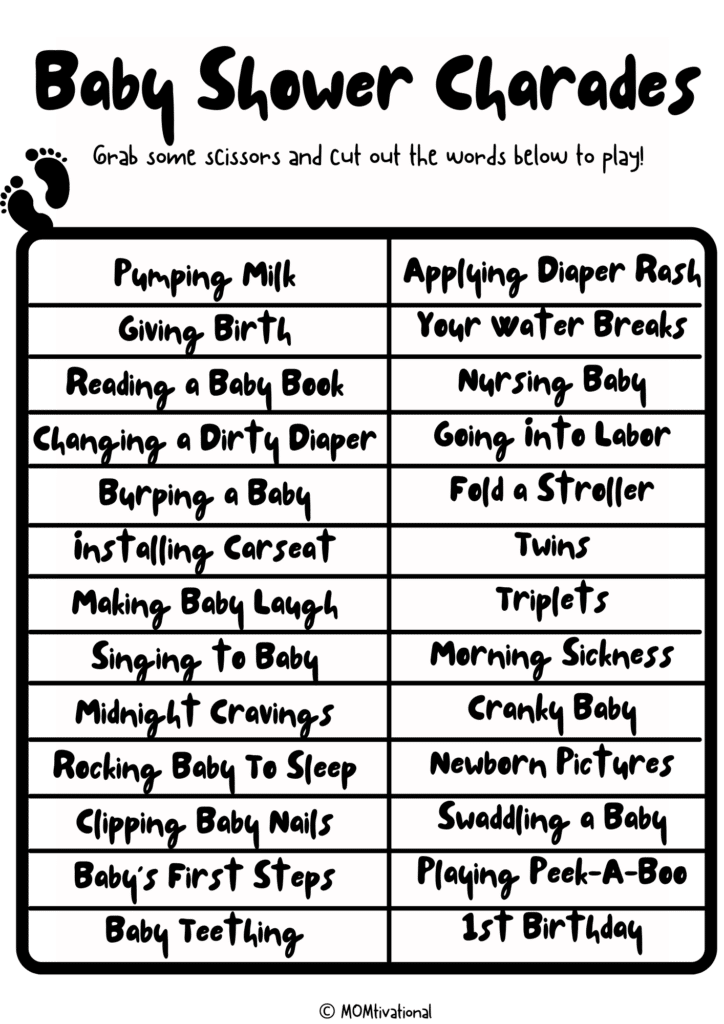 Baby Shower Charades Free Printable and Word List Idea perfect for your baby shower or baby sprinkle!