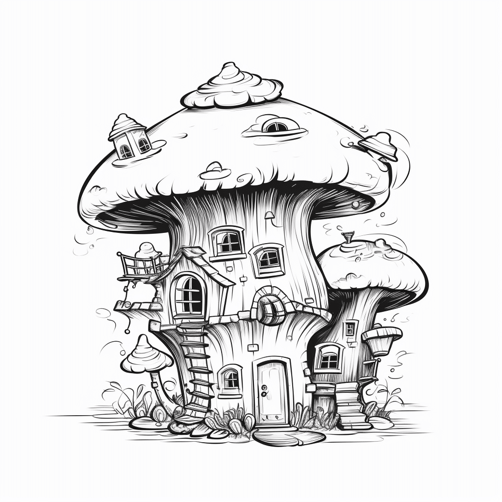 Cute Mushroom House Coloring Page with ladder and adorable balcony