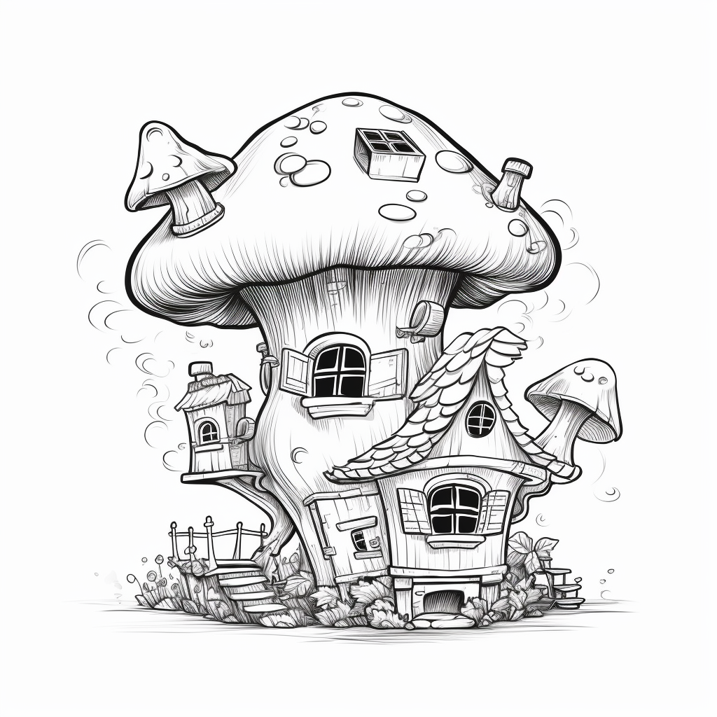Cute Mushroom House Coloring Page Printable with whimsical windows and stairs
