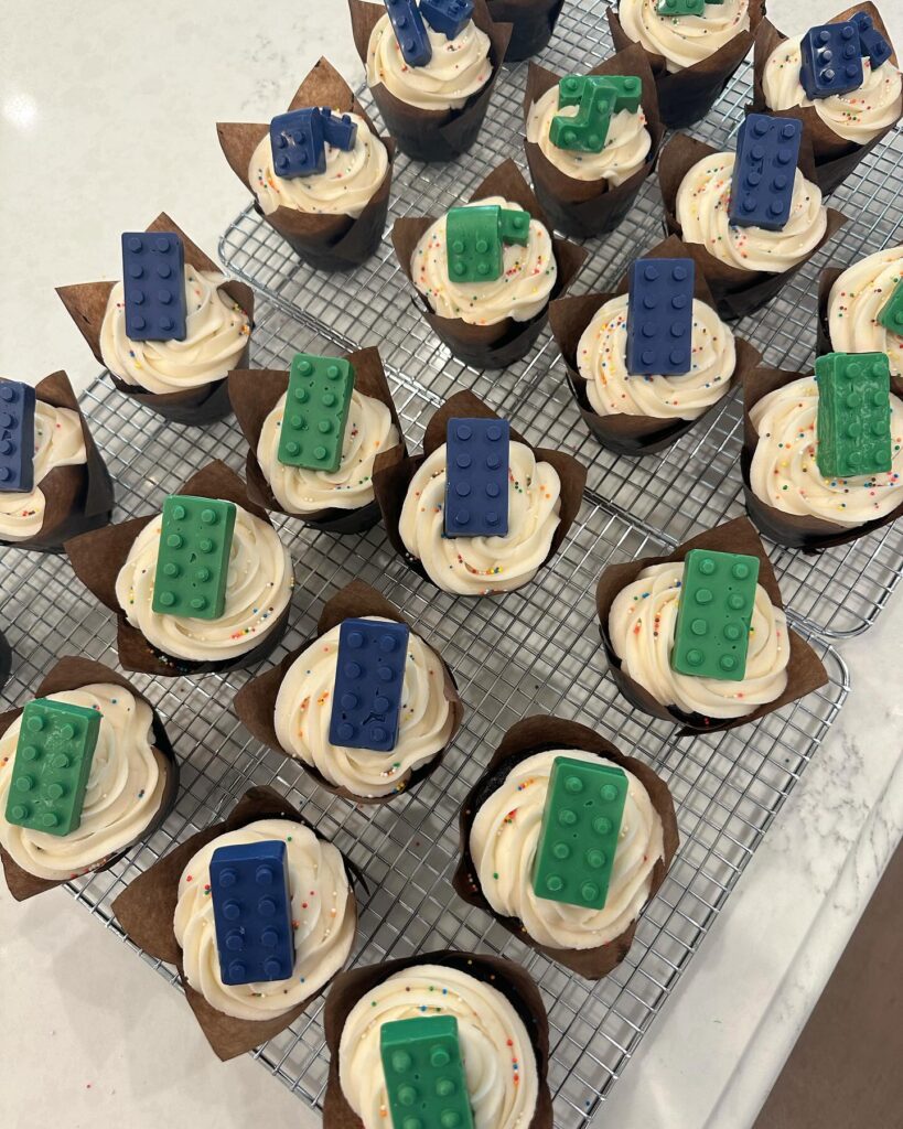 Birthday cupcakes with lego blocks on top