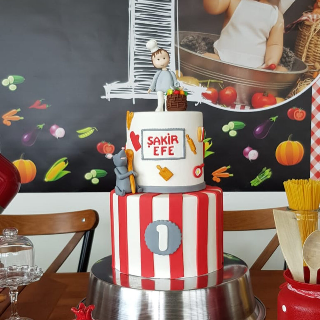 Chef and kitchen-themed birthday cake