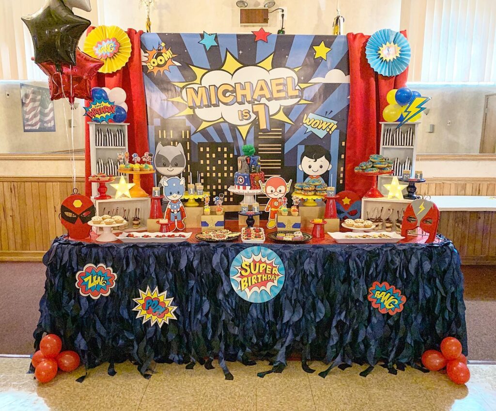 Superheroes first birthday theme and decorations