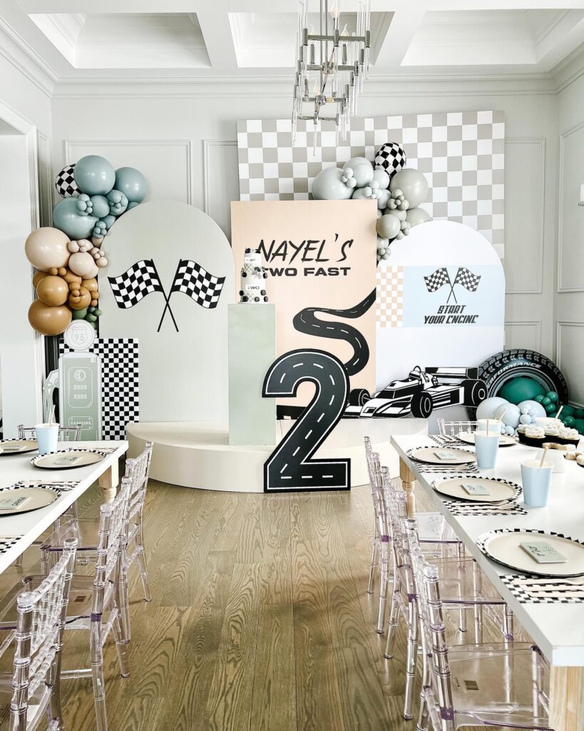 Car and race second birthday theme and table set up