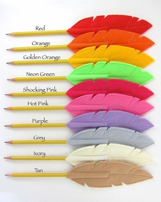 DIY felt feather quill pencil toppers in different colors