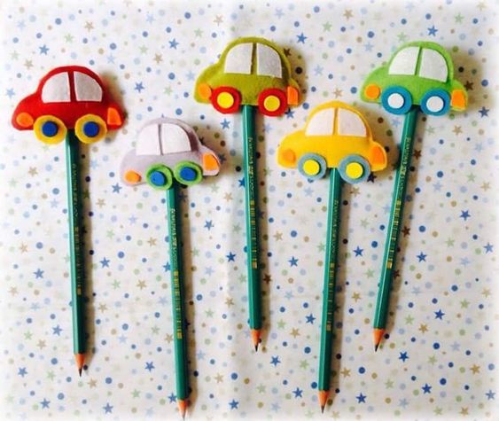 DIY felt car pencil toppers in different colors