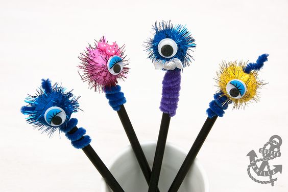 DIY hairy monsters pencil toppers for Halloween in different colors