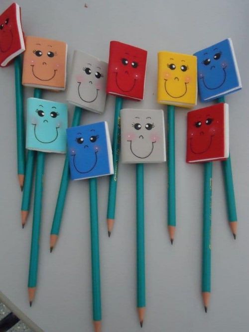 DIY smiley mini book pencil toppers in different colors