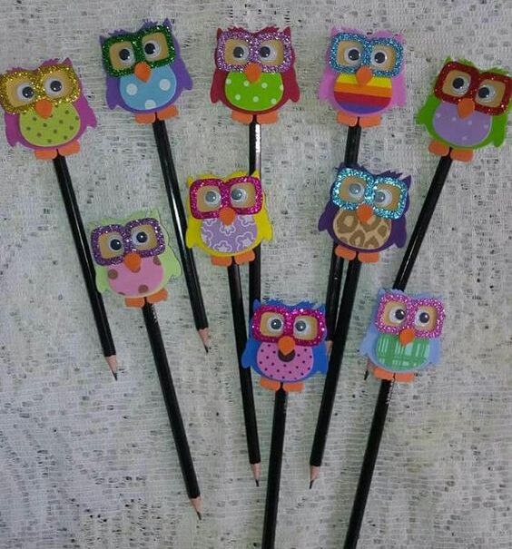 DIY paper owl pencil toppers in different and vibrant colors