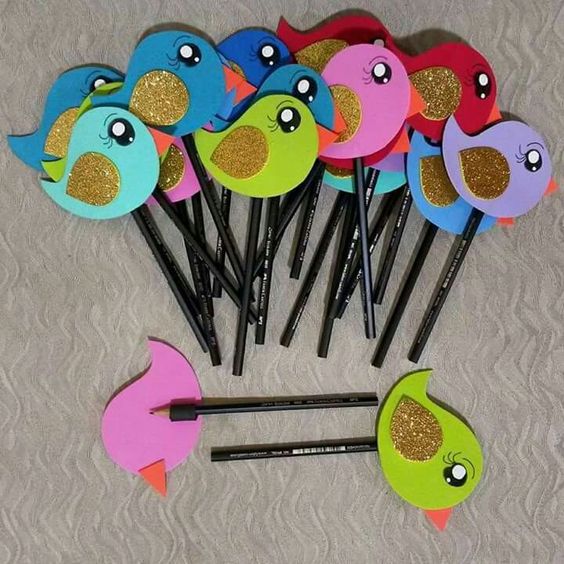 DIY paper birds pencil toppers in different and vibrant colors