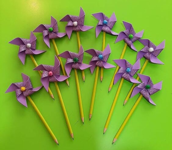 DIY glittery pinwheel pencil toppers