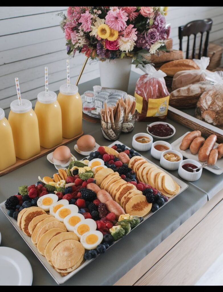 A fresh and colorful baby shower brunch with pancakes, eggs, fresh berries, and juice.